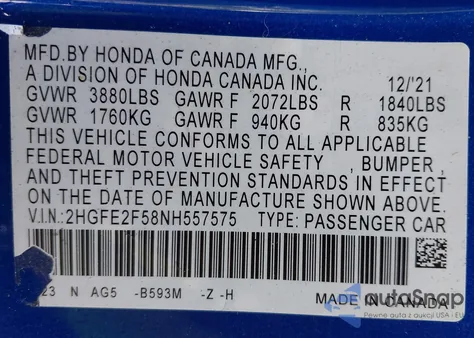 2022 Honda Civic Sport from USA, damaged, VIN 2HGFE2F58NH557575